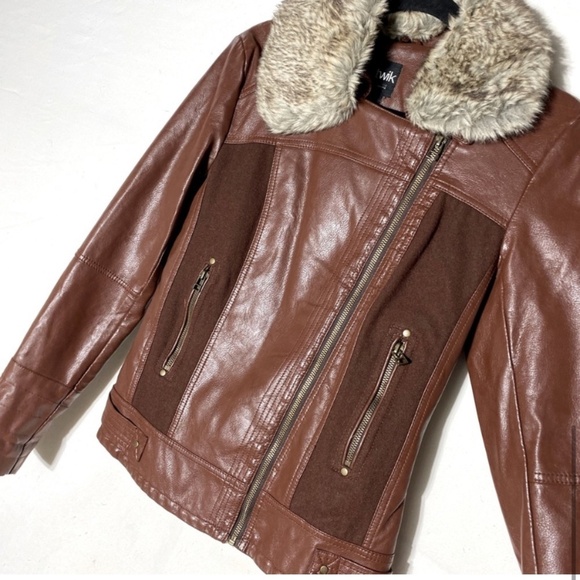 Simons Twik Brown Faux Leather Full Zip Jacket W Faux Fur Trim S - Picture 9 of 15